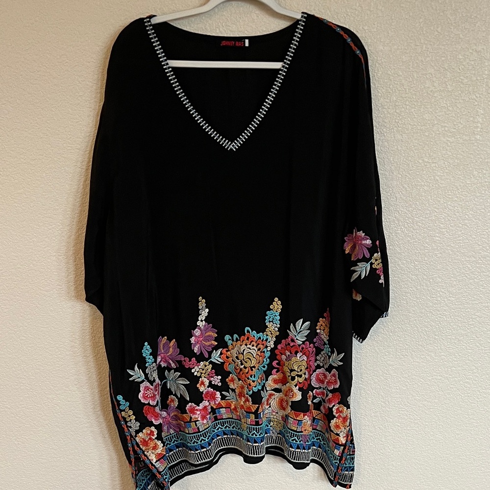 Johnny Was Black Tunic with Colorful Floral Embroidery
